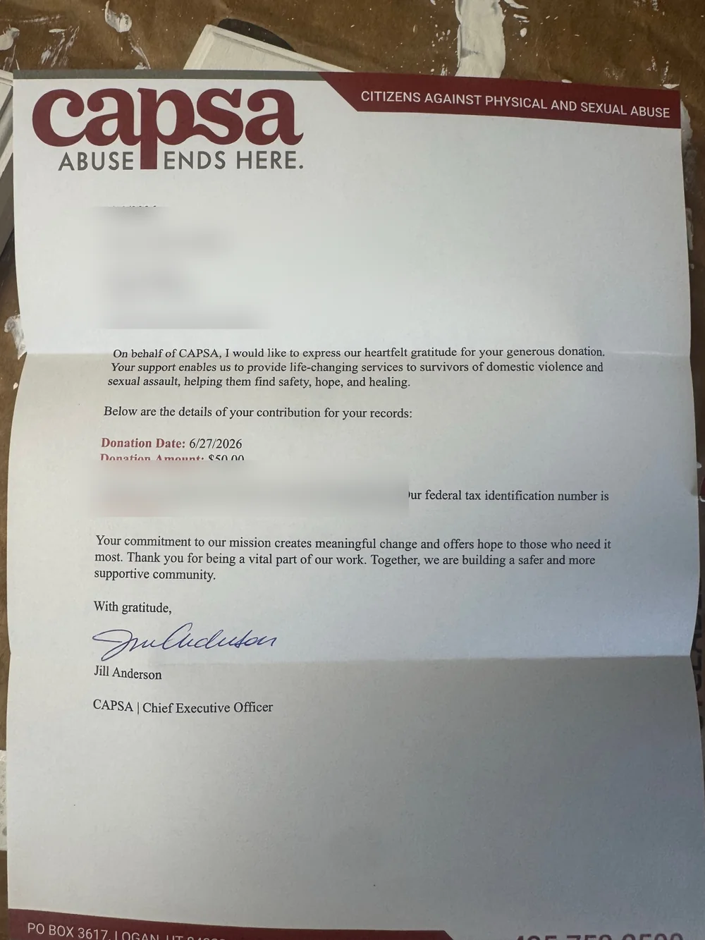Redacted CAPSA thank-you letter confirming Cache Coffee's 2026 donation