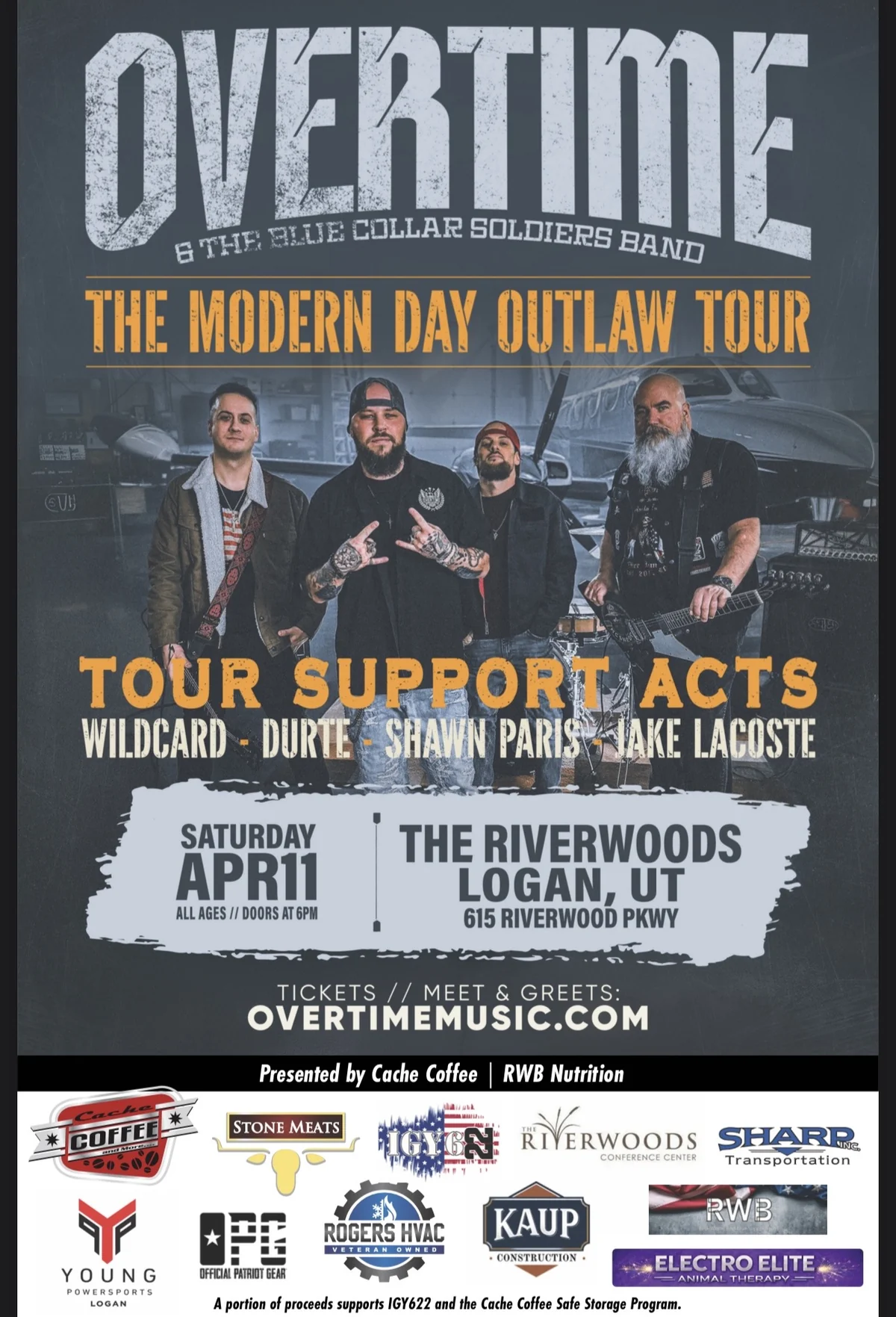 Official flyer for the April 11, 2026 Overtime Modern Day Outlaw Tour concert in Logan presented by Cache Coffee and RWB Nutrition