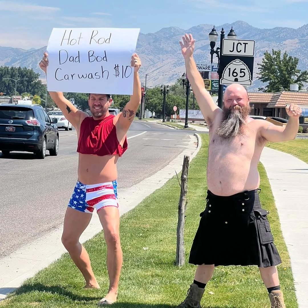 Hot Rod Dad Bod Car Wash promotion supporting Cache Coffee's Community Safe Storage Program